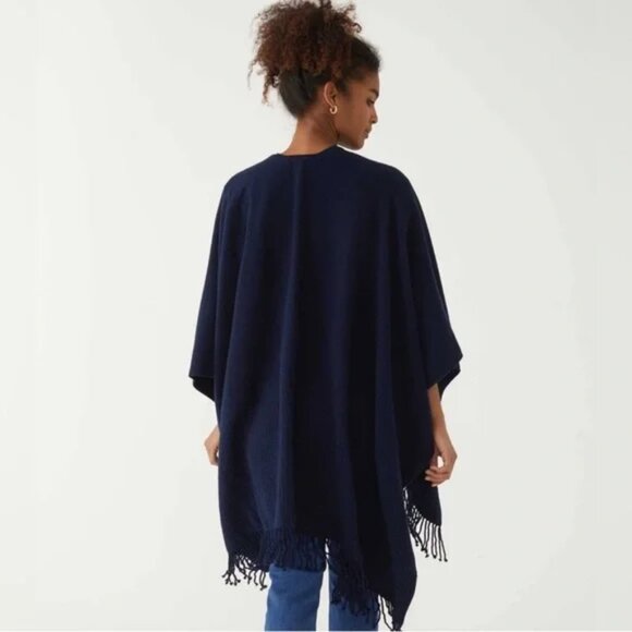 Mer Sea Travel Wrap Poncho Shawl Sweater Blue Fringe Minimalist One Size B8 - Picture 4 of 9